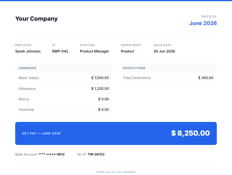 Sample payslip generated by Veltadoc